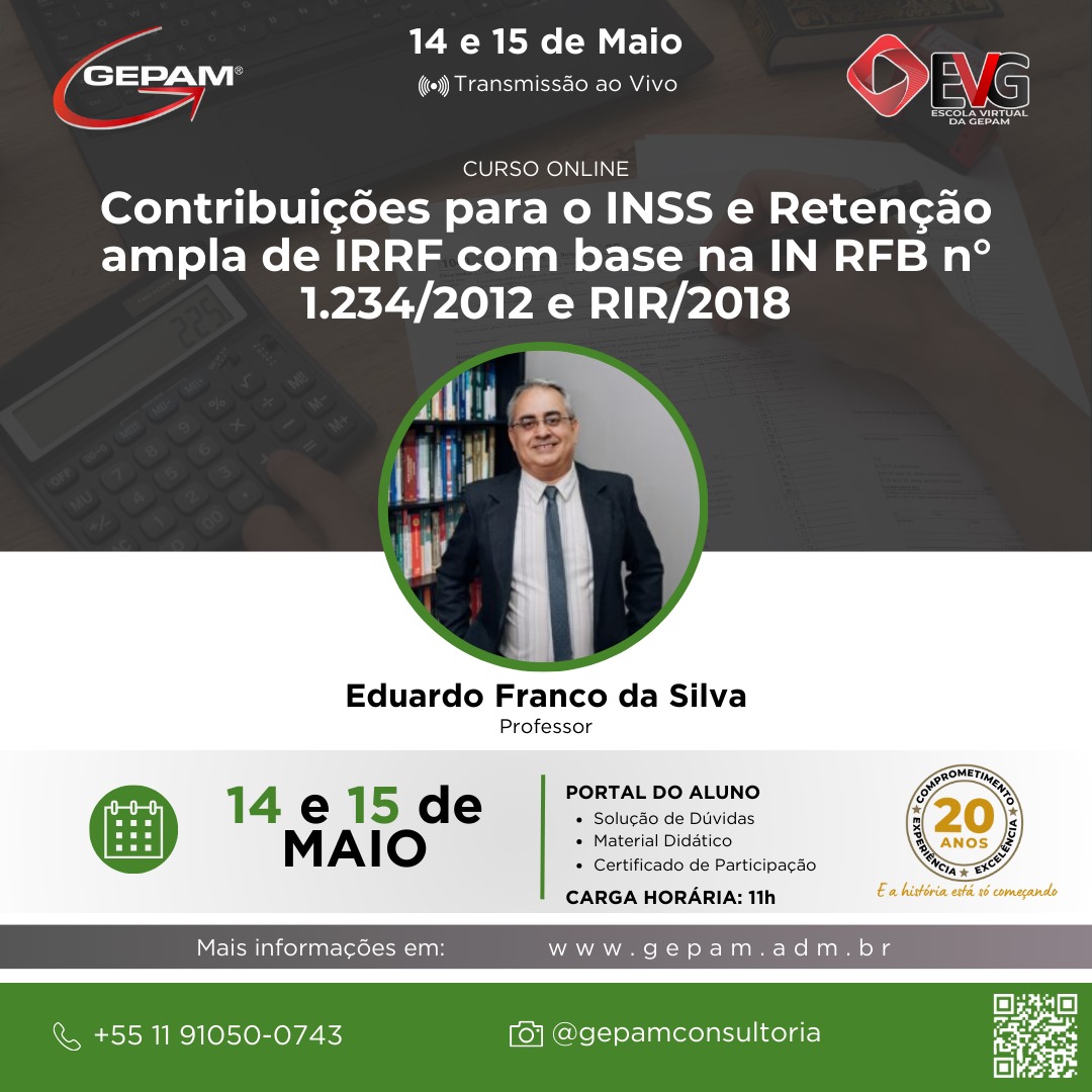 Curso Online – Contribuições para o INSS e Retenção ampla de IRRF com base na IN RFB n° 1.234/2012 e RIR/2018 | 164