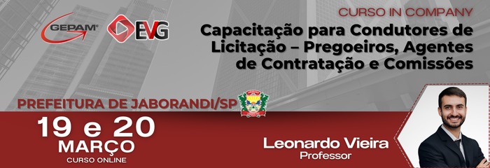 Curso Online (In company para Prefeitura De Jaborandi/SP) - Capacitação para Condutores de Licitação - Pregoeiros, Agentes de Contratação e Comissões | 288